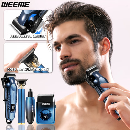 WEEME 4pcs Men's Electric Hair Clipper Set, Beard Trimmer Set, Household Facial Cleansing Set. Hair Cutting, Shaving, Trimming of Nasal Hair, Trimming of Sideburns, Facial Hair Cleaning. USB Charging. for Household Use, Vehic