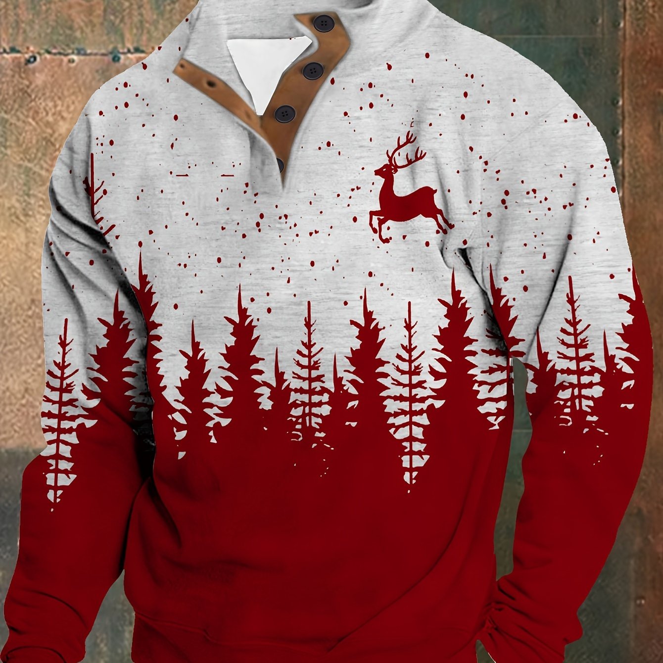 Men'S Plus Size Long Sleeve Henley Shirt with Forest & Deer Application, 100% Polyester Knit Fabric, Regular Fit Sporty & Party Top with Collared Neck and Slight Stretch - Printed Design