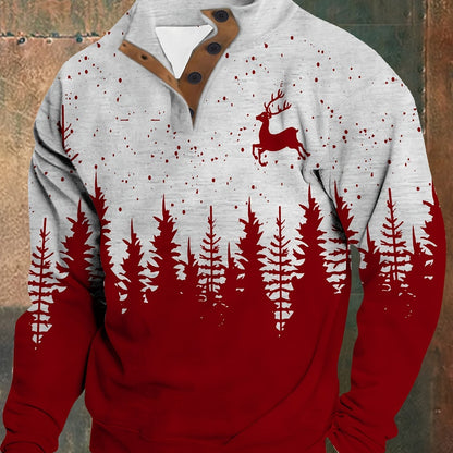 Men'S Plus Size Long Sleeve Henley Shirt with Forest & Deer Application, 100% Polyester Knit Fabric, Regular Fit Sporty & Party Top with Collared Neck and Slight Stretch - Printed Design