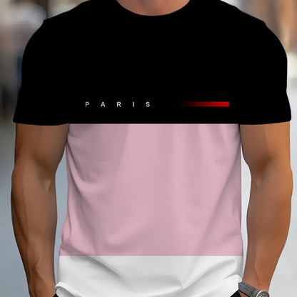 Men's Casual Crew Neck T-Shirt with Paris Print, Short Sleeve Knit Polyester Blend Top for Spring/Summer Outdoor Activities, Tee Shirts