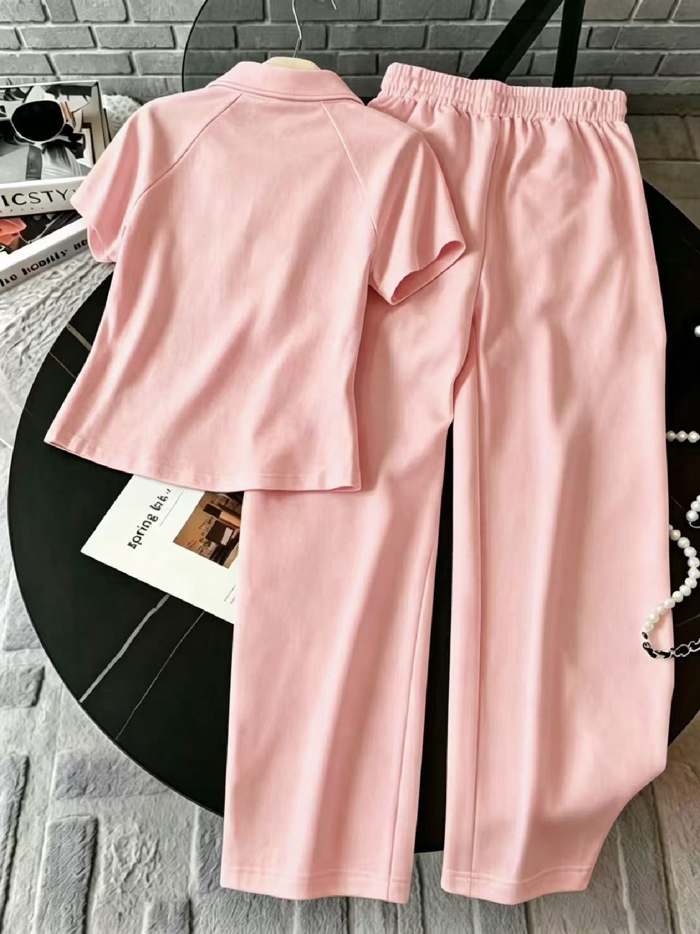 Retro Polo Neck Top & Wide Leg Pants Set with Side Stripe