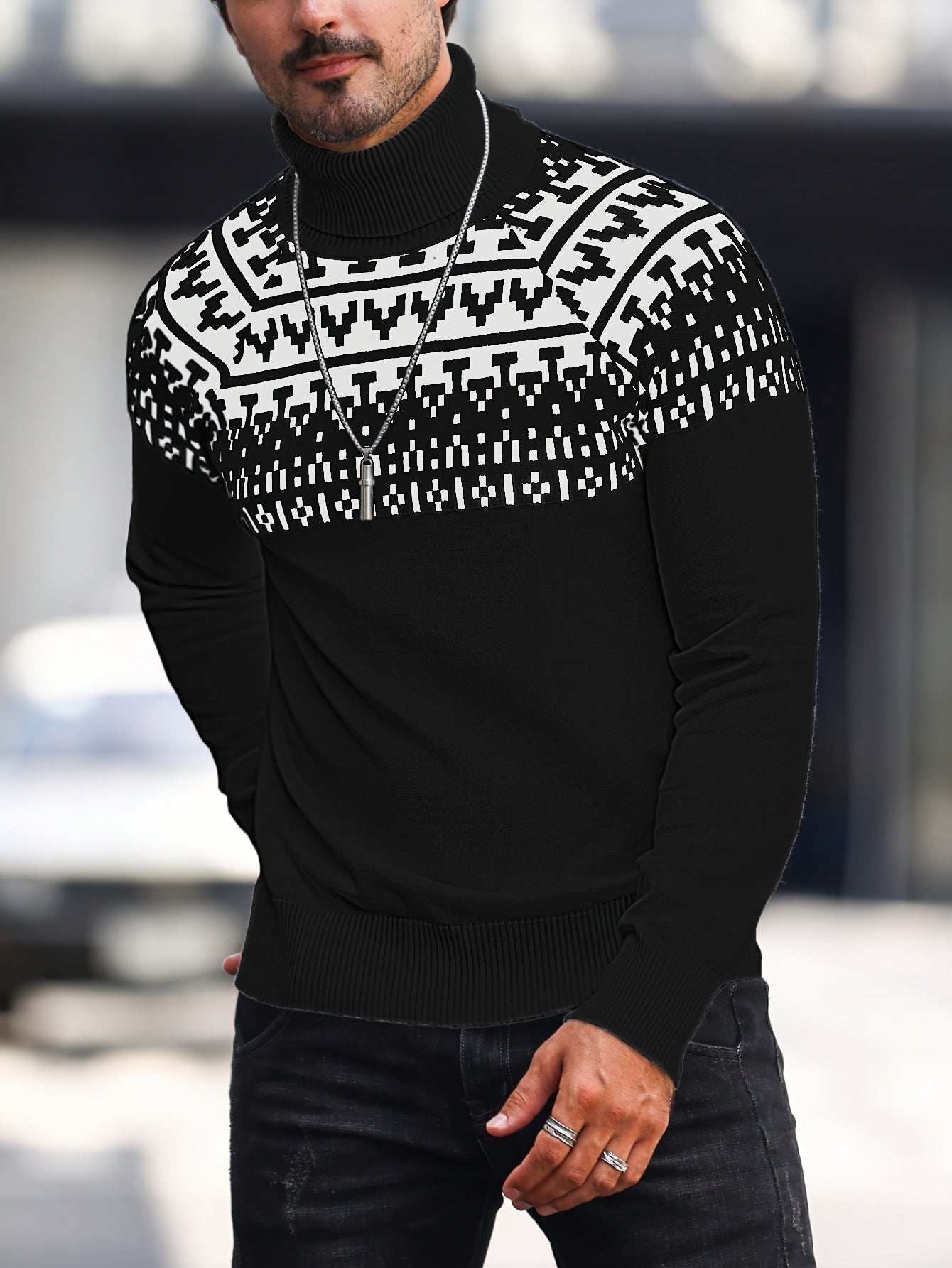 Տղամարդու երկրաչափական գրաֆիկական նախշերով տրիկոտաժե սվիտեր, աշնանային ձմեռային երկար թևքով կրիայով վզնոցով, բացօթյա հագուստի համար