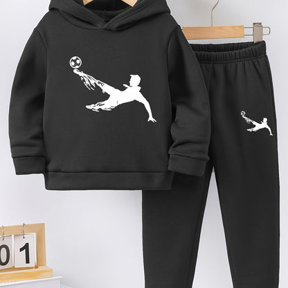 Autumn and Winter Fashion New 'asual Sporty Style Football Print Fleece-Lined Hoodie and Sweatpants Set, Suitable for Outdoor Activities, Casual Wear, Sports Apparel, Trendy Sportswear, Sporty Design, Warm Fabric, Soft Textur