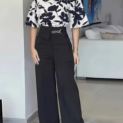 Women's Elegant Printed Short Sleeve Round Neck Shirt and Long Pants Set