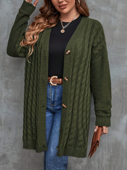 Women's Casual Long Knit Cardigan - Cozy Drop Shoulder, Thick Cable Knit Sweater with Buttons, V-Neck, Olive Green, Fall/Winter Fashion Outerwear, Cozy Autumn Apparel | Buttonfront Cardigan | Stylish Casualwear