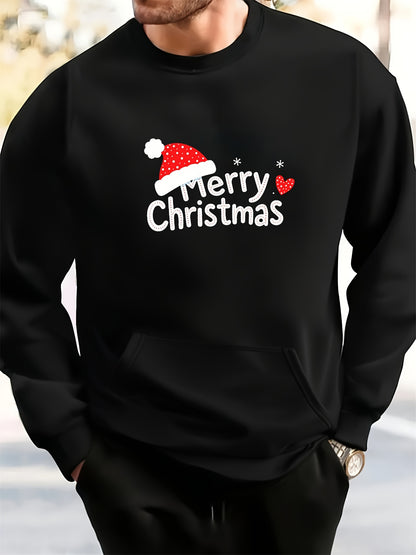 Men's White Christmas & New Year Oversized Sweatshirt - Long Loose Fit Casual Sweater with Pocket, Red Polka Santa Hat & Holly Berry Logo, Pink Heart Accent - Holiday Party Winter Wear (Machine Washable)