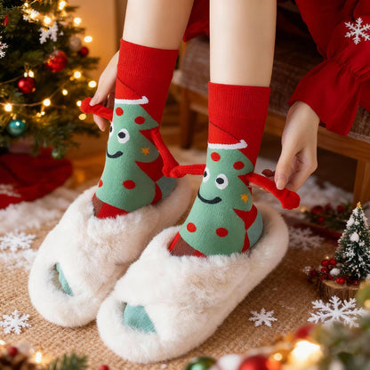 2-Pack Christmas Magnetic Holding Socks Women's Mid-Calf Socks(Tree, Santa) Winter Cute Couple Socks Unisex Meets Xmas, Halloween wear, warmth& gifting needs Magnetic, versatile Suitable for Xmas costumes, Halloween looks, wi