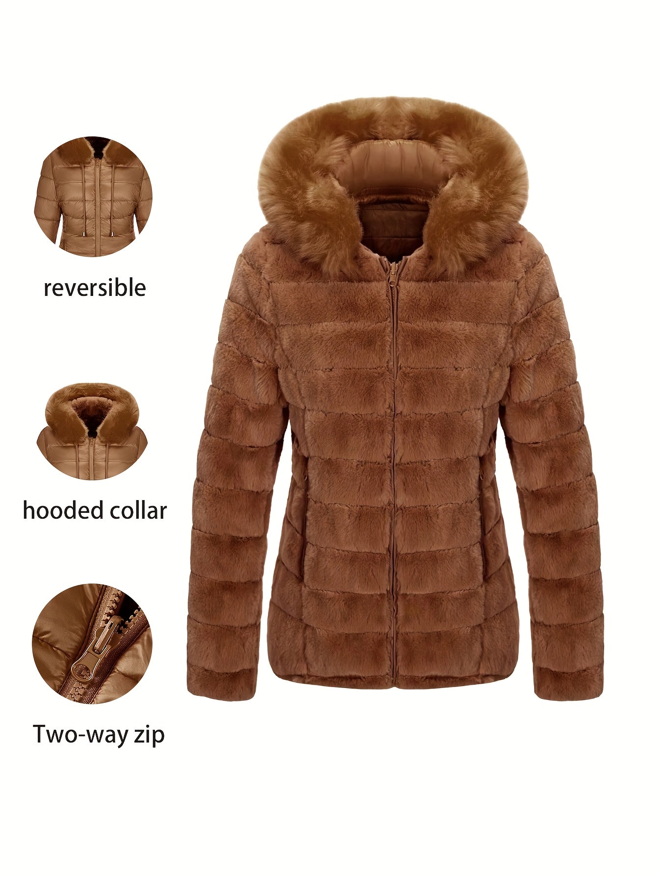 Women'S Heavyweight Winter Coat - Dual-Sided Reversible Jacket with Full-Zip Front, Hooded Collar, Two-Way Zipper Closure - Warm Outerwear for Cold Weather, Office, Travel - Elegant Brown Coat (Size & Wash Label in Pocket), L