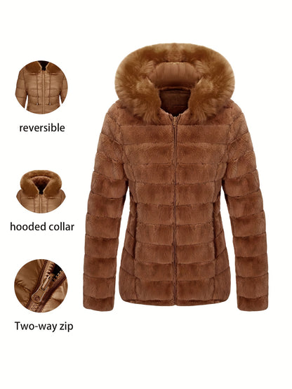 Women'S Heavyweight Winter Coat - Dual-Sided Reversible Jacket with Full-Zip Front, Hooded Collar, Two-Way Zipper Closure - Warm Outerwear for Cold Weather, Office, Travel - Elegant Brown Coat (Size & Wash Label in Pocket), L