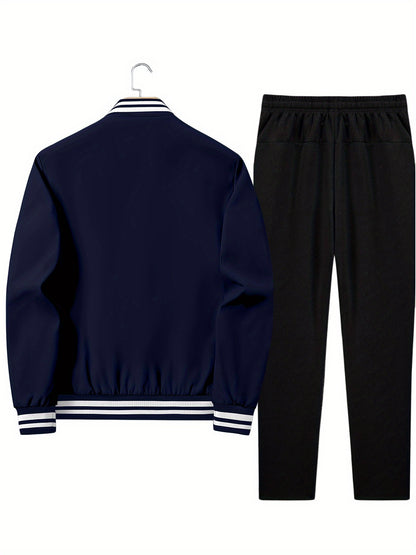Men's Casual Sportswear Set with Brown Geometric Jacket & Pants
