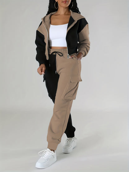 Women's Color-Block Hooded Casual Set for Fall Winter