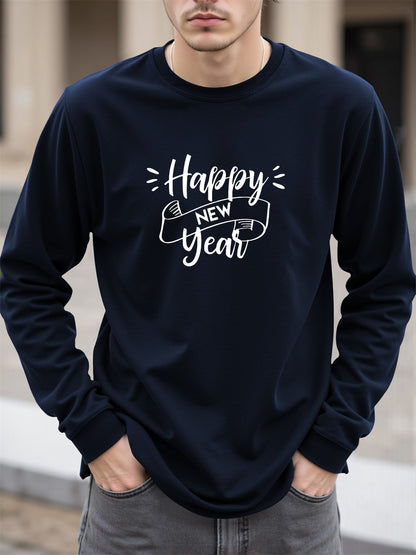 Men'S Happy New Year Graphic T-Shirt - Casual Long Sleeve Crew Neck, White with Black Lettering & Festive Design, Loose Fit for Spring/Fall, Perfect for Casual Attire, Festive Clothing | Festive Graphic Tee | Comfortable Fit