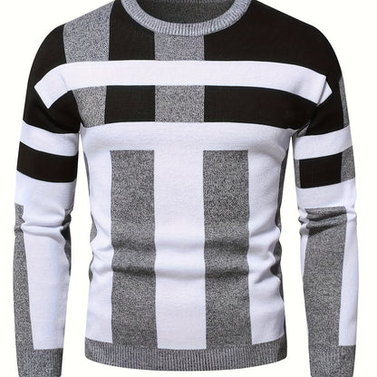Men's Round Neck Casual Striped Warm Sweater Fashion Knit Pullover Top