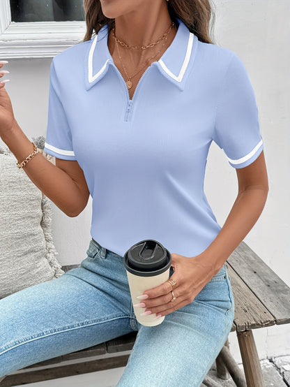 Women's Elegant Black Shirt with White Collar & Cuff Detail - Short Sleeve, Zippered, Stretchy Polyester-Spandex Blend, Machine Washable, Perfect for Casual or Professional Outfits
