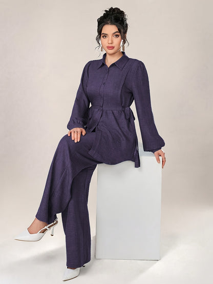 Stylish and Elegant Casual Two-Piece Women's Outfit with Side Tie Single-Breasted Shirt and Wide-Leg Pants for Office Wear