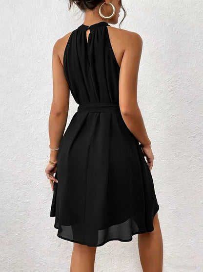 Women’s Solid Color Chiffon Halter Neck Summer Dress with Belt