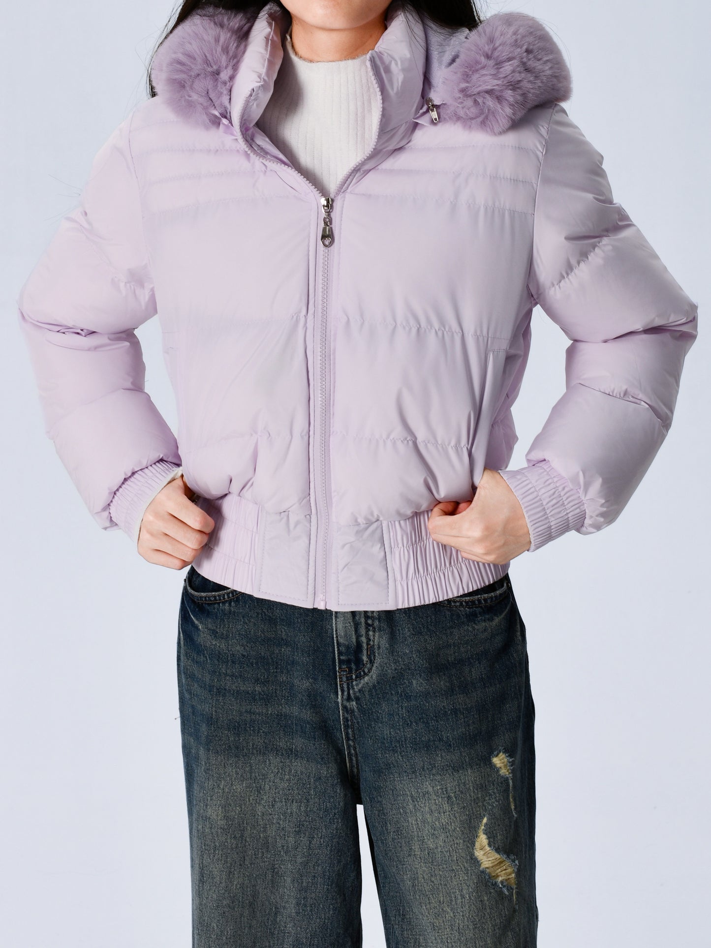 Էլեգանտ պոլիեսթերային բարձիկով կանացի բաճկոն - 2024 թվականի նորաձև կարճ միագույն վերարկու՝ հաստ արհեստական ​​մորթուց օձիքով, երկար թևքերով, կայծակաճարմանդով, գործված - Ձմեռային ջերմություն, առօրյա վերնազգեստ