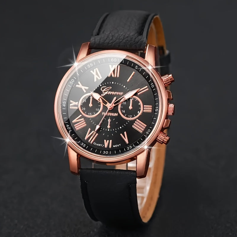 Chic 6pcs Quartz Watch Set with Faux Leather Straps & Heart Charm Bracelets - Perfect Gift for Valentine's, Easter, Birthdays & Christmas