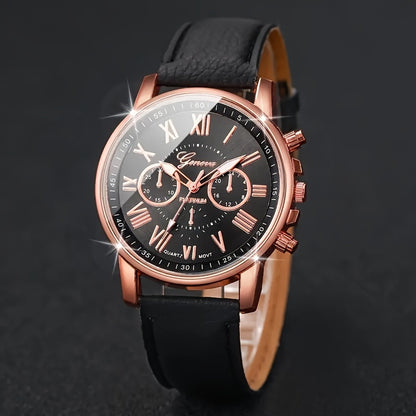 Chic 6pcs Quartz Watch Set with Faux Leather Straps & Heart Charm Bracelets - Perfect Gift for Valentine's, Easter, Birthdays & Christmas