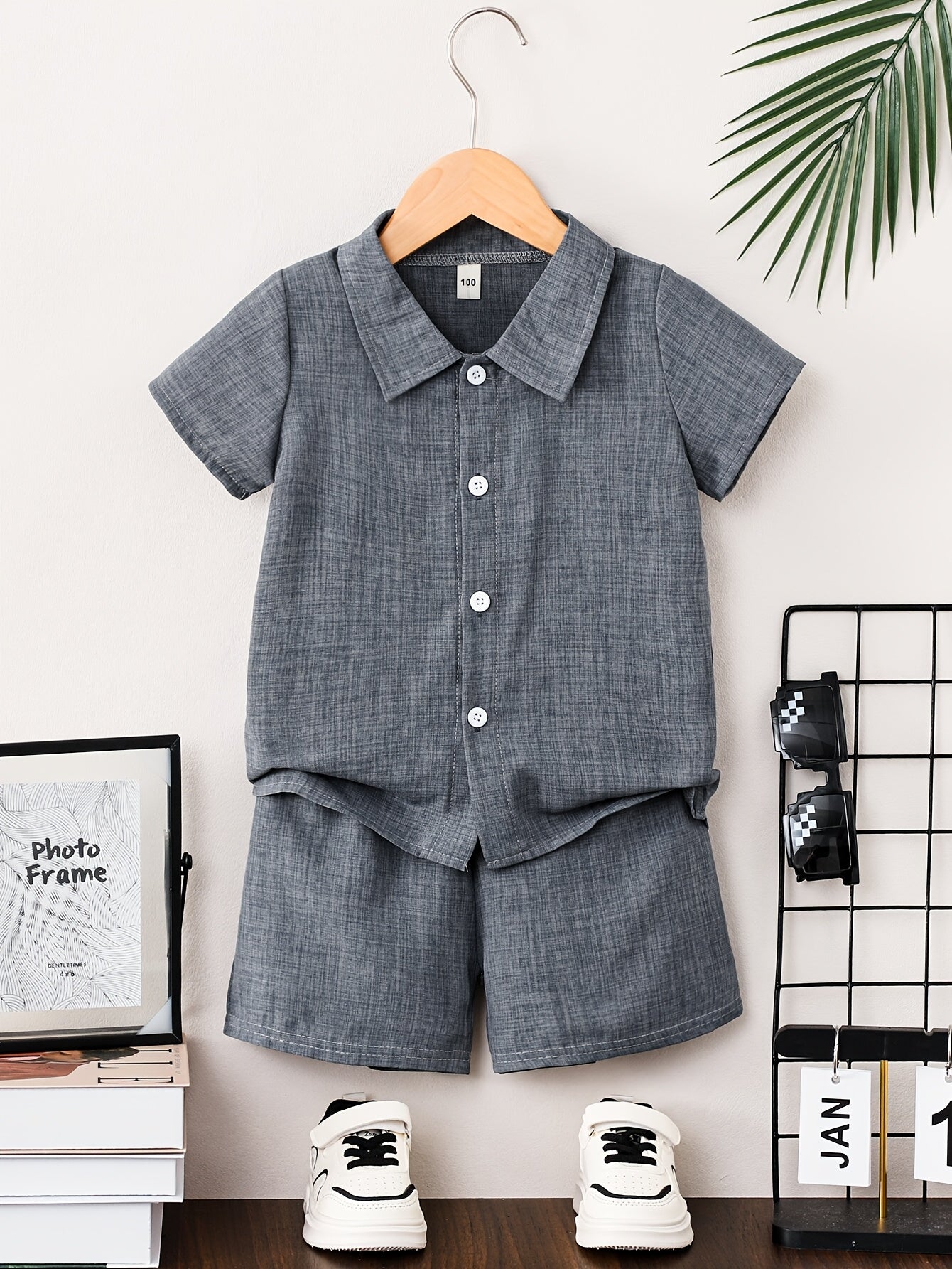 Boys' Summer Button-Up Shirt & Shorts Set - Casual Solid Color