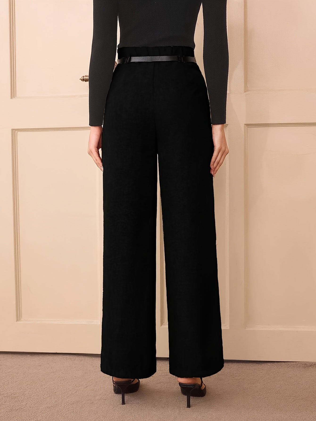 Large Elegant High-Waist Gray Wide Leg Pants for Women - Polyester Blend, Casual Straight Cut, Non-Stretch Solid Color, Long with Button Detail, All-Season Wear