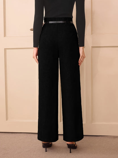 Large Elegant High-Waist Gray Wide Leg Pants for Women - Polyester Blend, Casual Straight Cut, Non-Stretch Solid Color, Long with Button Detail, All-Season Wear