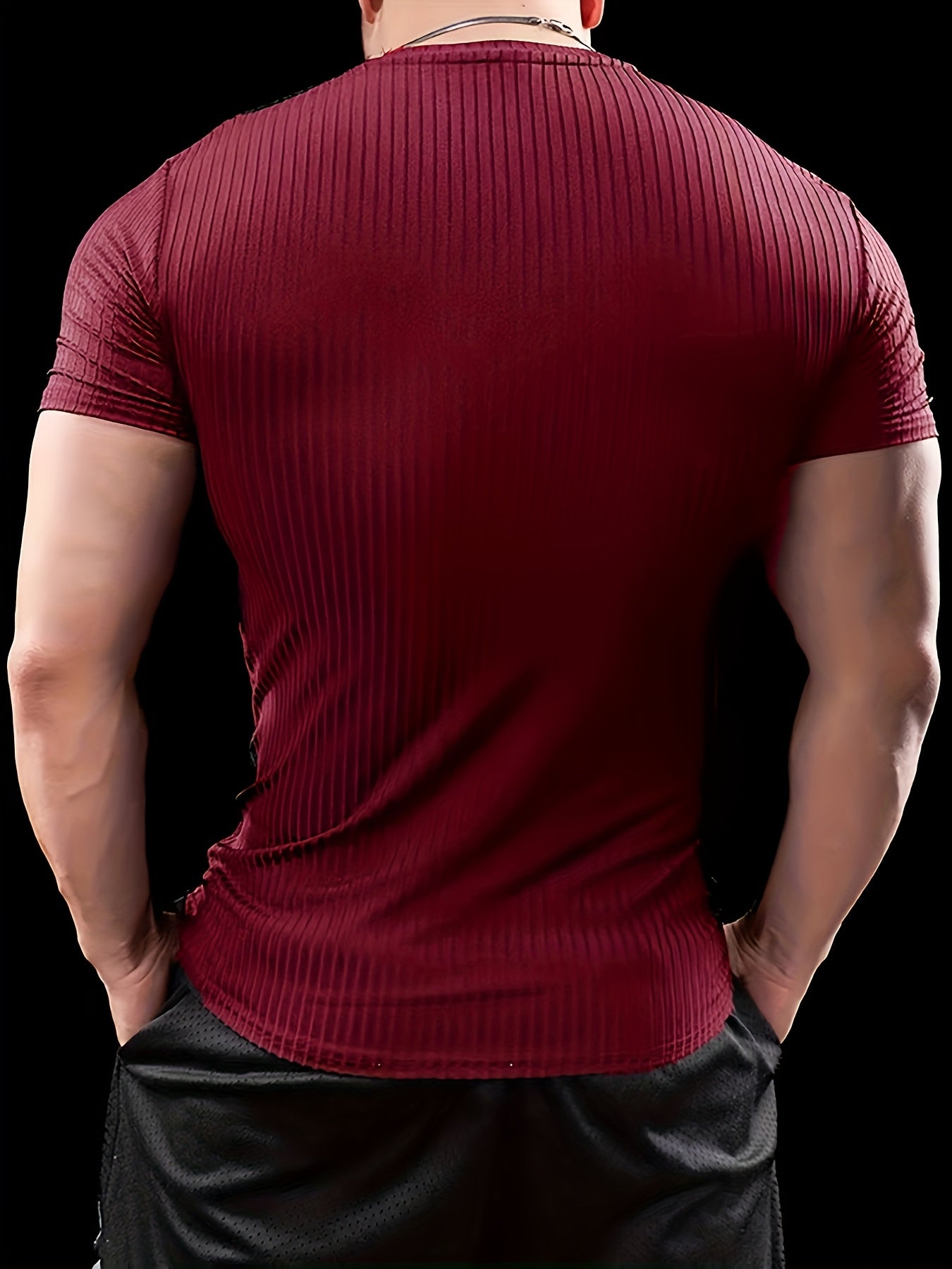 Men's Slim Fit Ribbed Short Sleeve T-Shirt - Stretchy Athletic  Casual Wear, Green, Round Neck, Machine Washable, Muscle-Enhancing Design, Gym Shirts