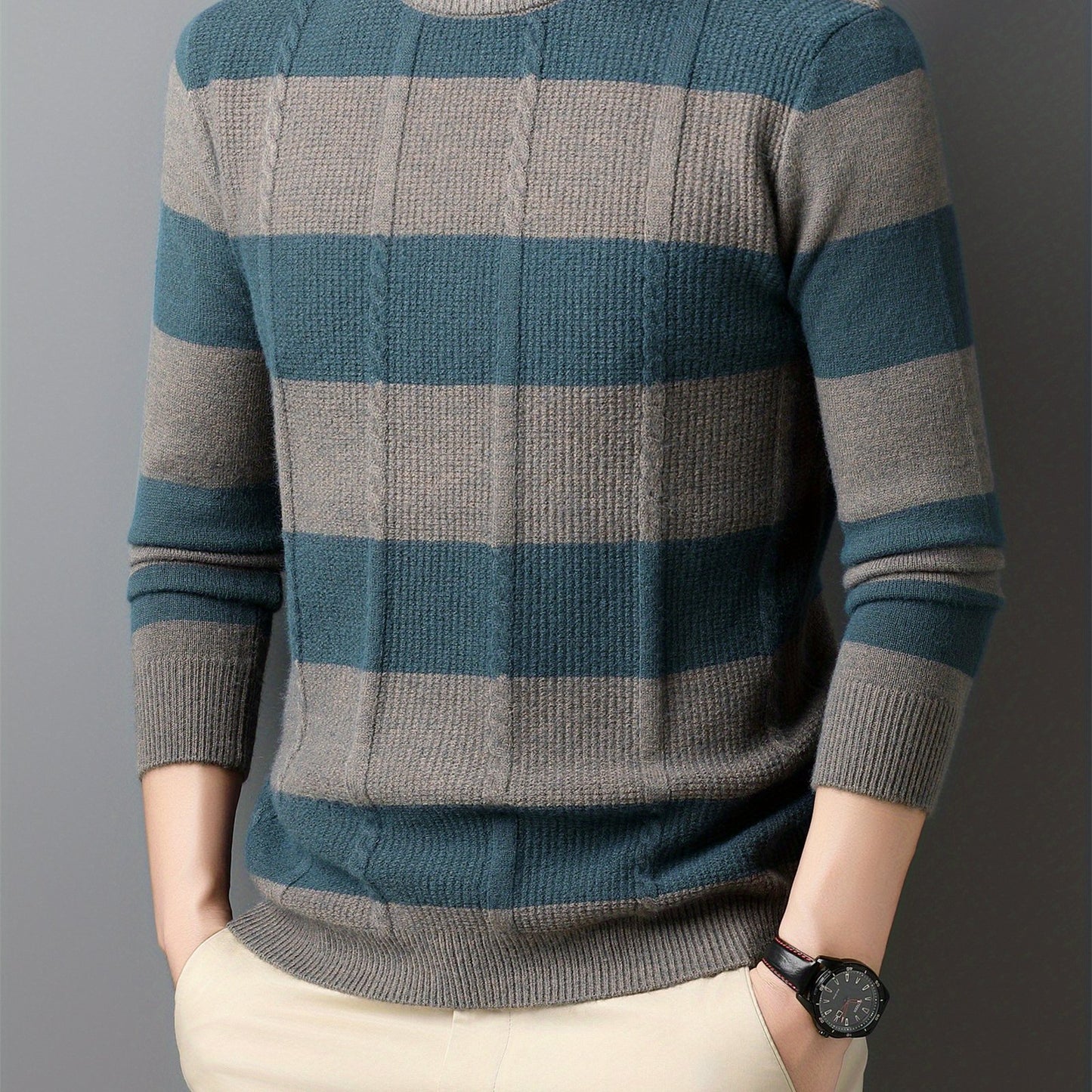 ZBZP Men'S Casual Striped Knit Sweater - Dark Gray & White Horizontal Stripes, Round Neck Long Sleeve, Regular Fit, Autumn Winter Warm Pullover for Casual Attire, Knit Sweater, Comfortable Fashion, Soft Texture, Cold Weather