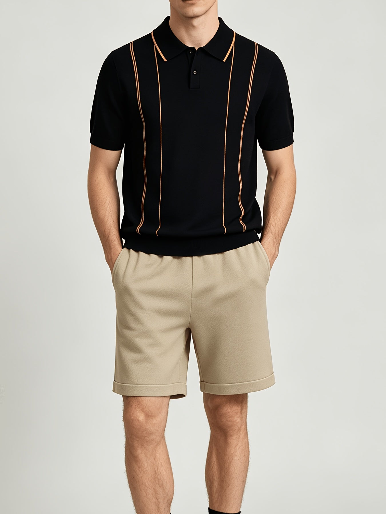 Men's Contrast Knit Polo & Loose Waist Shorts Set, Casual Fit