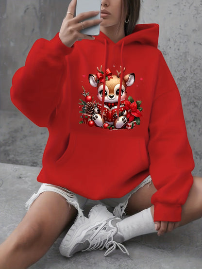 Women's Fashion Autumn/Winter Christmas Reindeer Print y Casual -Lined -Feel Hooded Sweatshirt