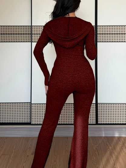 Women's Casual Two-Piece Set with Pockets Hooded Zip-Up Waist Jacket and Ribbed Flared Pants - ayq