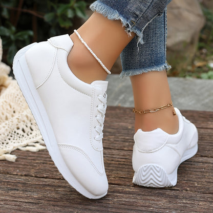 Women's Lightweight Casual Sneakers - White Synthetic Leather, All-Season Comfort, Stability Support, Breathable Fabric Lining, TPR Sole, Perfect for Casual Attire, Cute Shoes