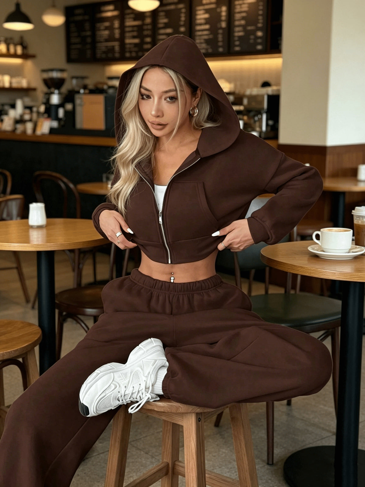 Women’s Fall/Winter Crop Hoodie & High-Waist Sweatpants Set - ayq
