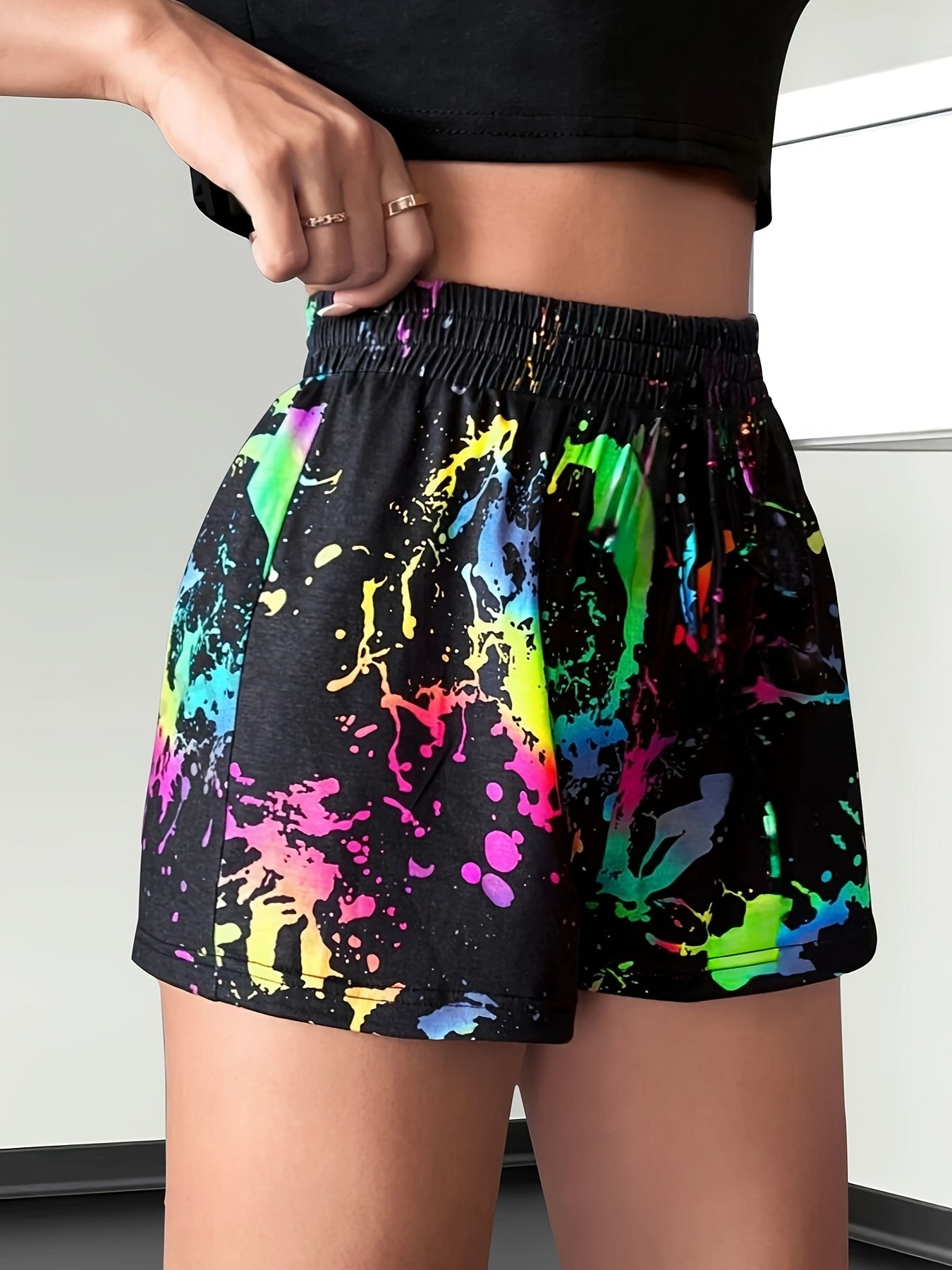 Patchwork Print Elastic Waist Shorts, Casual Skinny Shorts For Spring & Summer, Women's Clothing