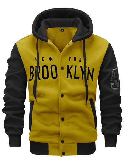 Men's 'BROOKLYN' Pattern Color Blocking Hooded Jacket, Casual Preppy Style Coat For Spring And Autumn Outdoors As Gift