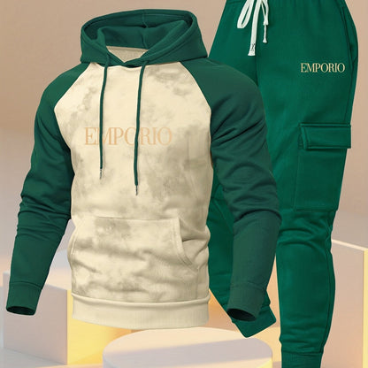 New Trendy Fashion Raglan Sleeve Colorblock Hoodie and Loose Cuffed Drawstring Cargo Pants with Multiple Pockets, Casual Daily Comfortable Versatile Breathable Hooded Sweatshirt and Loose Long Pants 2pcs Set with Stylish Prin