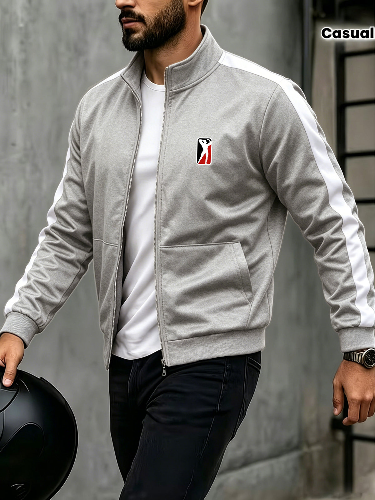 Men's Stand Collar Zip-Up Jacket with Striped Sleeves for Spring