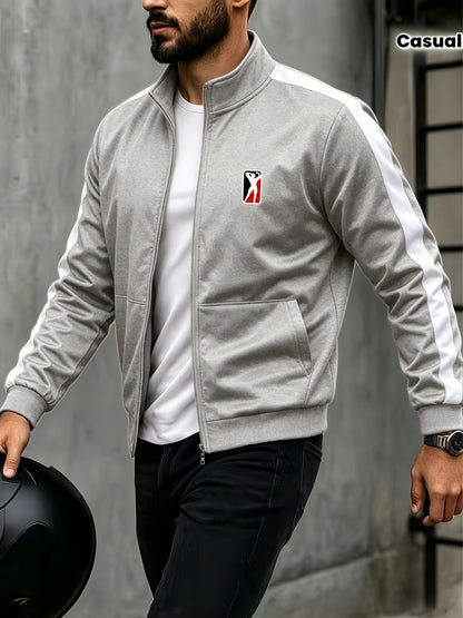 Men's Stand Collar Zip-Up Jacket with Striped Sleeves for Spring