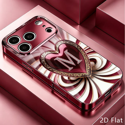 Luxury Wine Red Heart Rhinestone Tempered Glass Phone Case