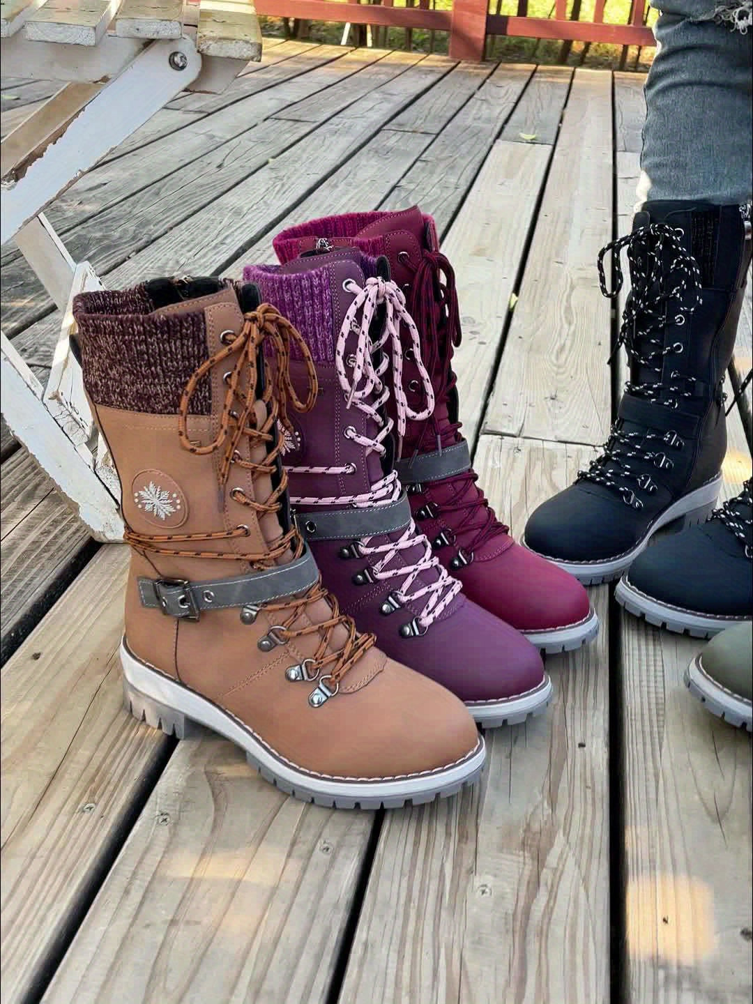 Women'S Comfortable Knitted Mid-Calf Winter Boots - Anti-Slip Side Zipper Lace-Up Design, Thick Sole, Fleece-Lined Retro Style in Black/Brown/Beige/Red/White for Casual Wear, Women Cowboy Boots, Women Winter Boots, Women Autu