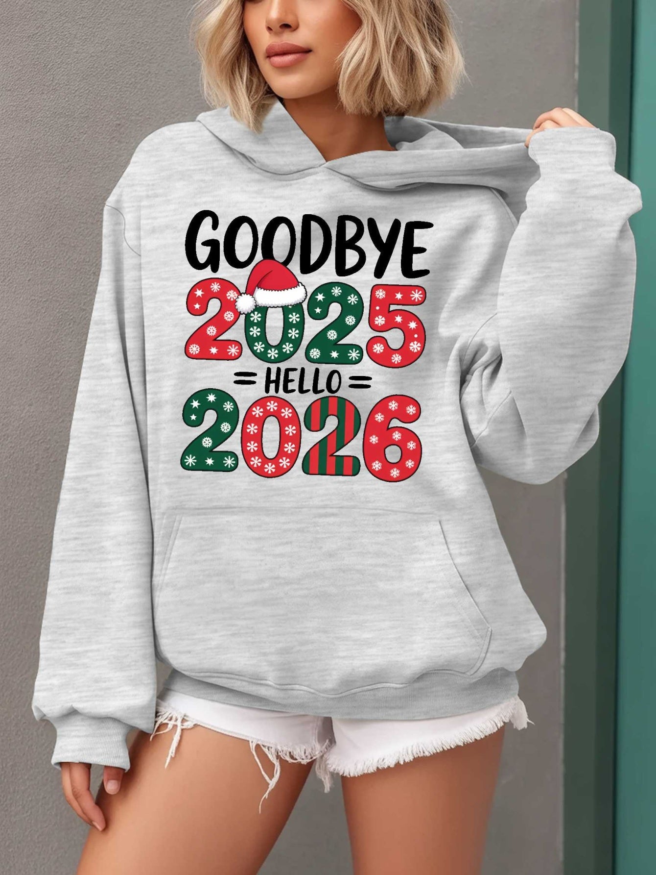 Women'S Hoodie - Goodbye 2025 Hello 2026 Sweatshirt with Christmas Countdown Design, Beige Pullover Hoodie, Front Pocket for Fall/Winter, Cozy Long Sleeve Sweater for New Year'S Eve & Everyday Winter Outfits - Perfect Gift fo