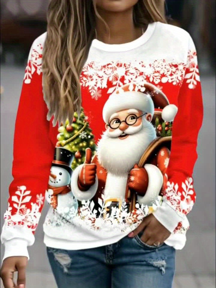 Women'S Red & Christmas Sweater - Long Sleeve Round Neck Winter Warmth with Snowman, Snowflakes & Poinsettia Print - All-Season Casual Pullover for Holiday