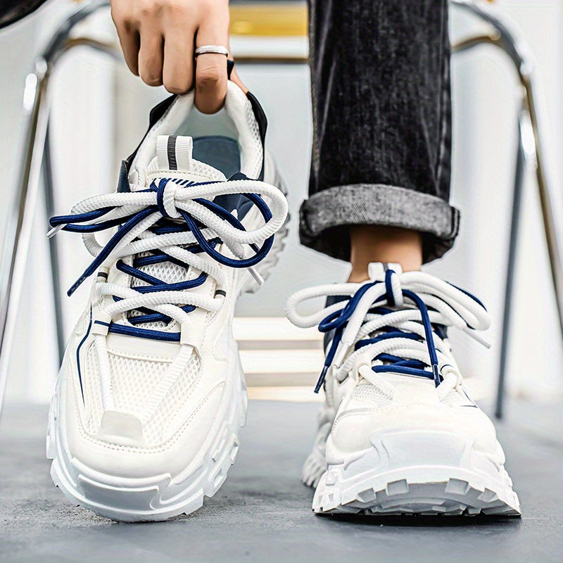 Men'S Breathable Mesh Sneakers with Thick Cushioned Sole - Lightweight Low-Top Lace-Up Shoes for Running, Hiking  Casual Wear, Navy Blue  White Design, All-Season Comfort, Sneakers, Hiking Footwear, Stylish Laceup Shoes, Du
