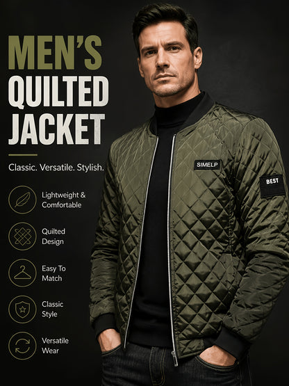 Men's Quilted Bomber Jacket with Ribbed Collar for Fall/Winter