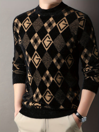 Maqiqi OBM Men's New Autumn/Winter Knit Pullover, Plaid Pattern Men's Sweater with Letter Decoration, Faux Mink Fur Round Neck Long Sleeve Men's Top, Soft and Comfortable Fabric, Suitable for Casual Outings, Men's Gift