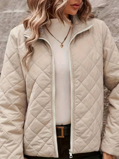 Կանացի էլեգանտ բեժ բաճկոն - կառուցվածքային չափի, կայծակաճարմանդով վերարկու՝ կանգնած օձիքով, նրբագեղ վերնազգեստ աշուն/ձմեռ, գրասենյակ, երեկույթ, առօրյա - դիմացկուն և հեշտ խնամվող կանացի հագուստ, կանացի բաճկոններ, երեկույթի հագուստ, կարված հյուսվածք,