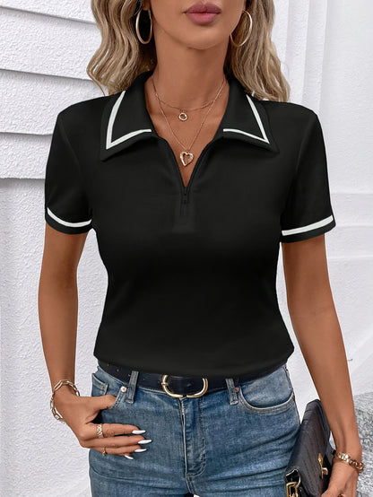 Women's Elegant Black Shirt with White Collar & Cuff Detail - Short Sleeve, Zippered, Stretchy Polyester-Spandex Blend, Machine Washable, Perfect for Casual or Professional Outfits