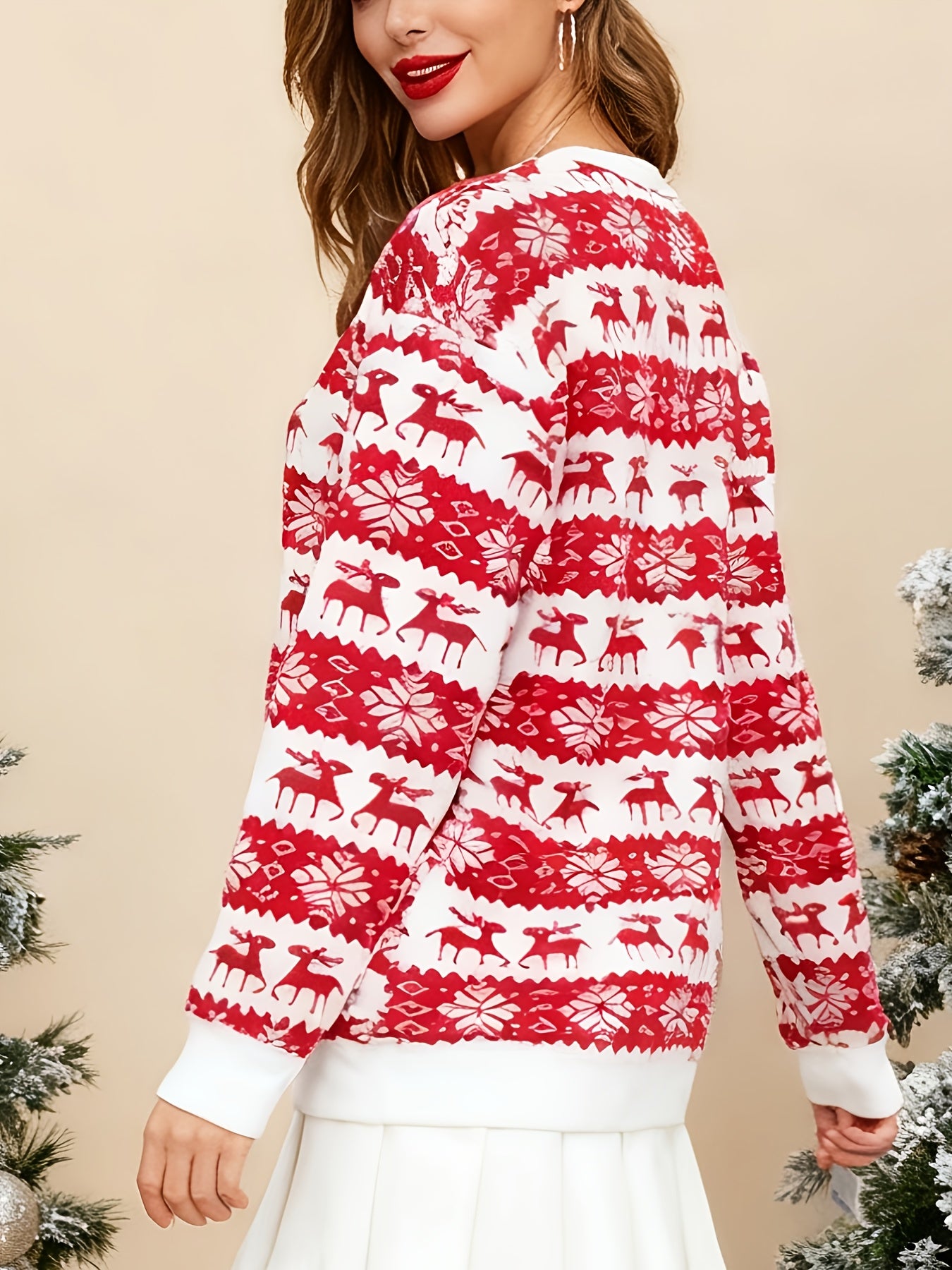 Christmas Red Reindeer and Snowflake Plush Long Sleeve T-Shirt | Rib, Round Neck, Fall/Winter Style