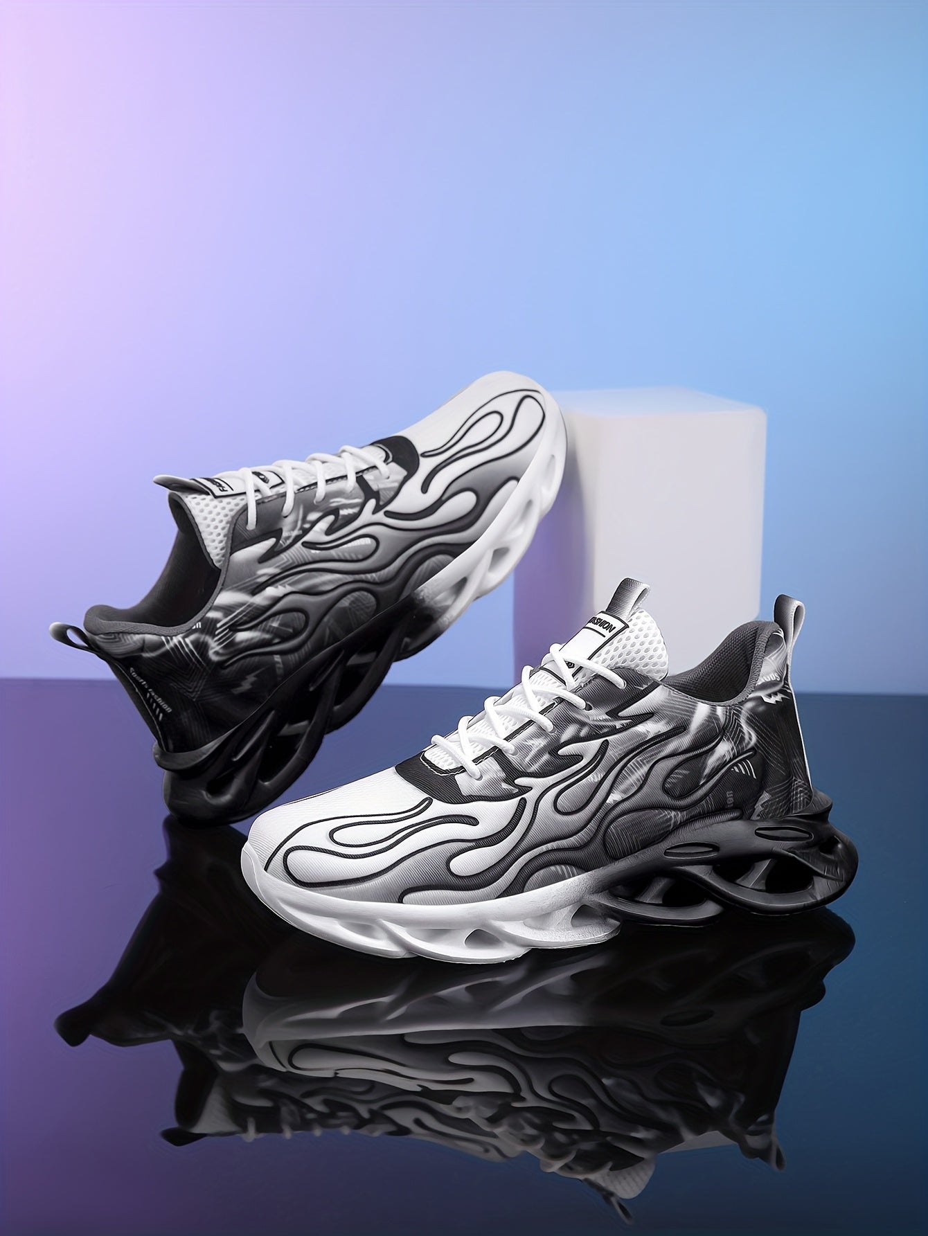 Trendy Black  White Gradient Sneakers - Breathable Mesh, Thick Sole for Height Boost, Fashion Athletic Casual Running Shoes with Flame Design, Perfect for Students  Casual Attire, High Top Sneakers
