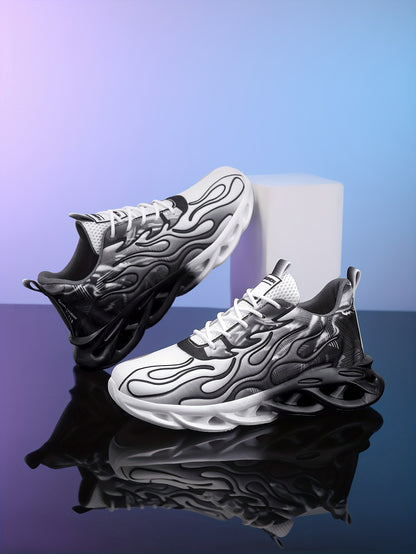 Trendy Black  White Gradient Sneakers - Breathable Mesh, Thick Sole for Height Boost, Fashion Athletic Casual Running Shoes with Flame Design, Perfect for Students  Casual Attire, High Top Sneakers